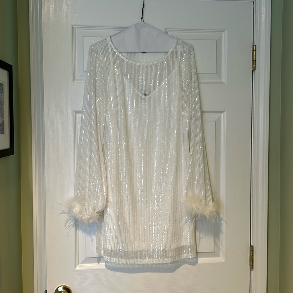 Lulus marvelous energy white sequin mesh long sleeve midi dress